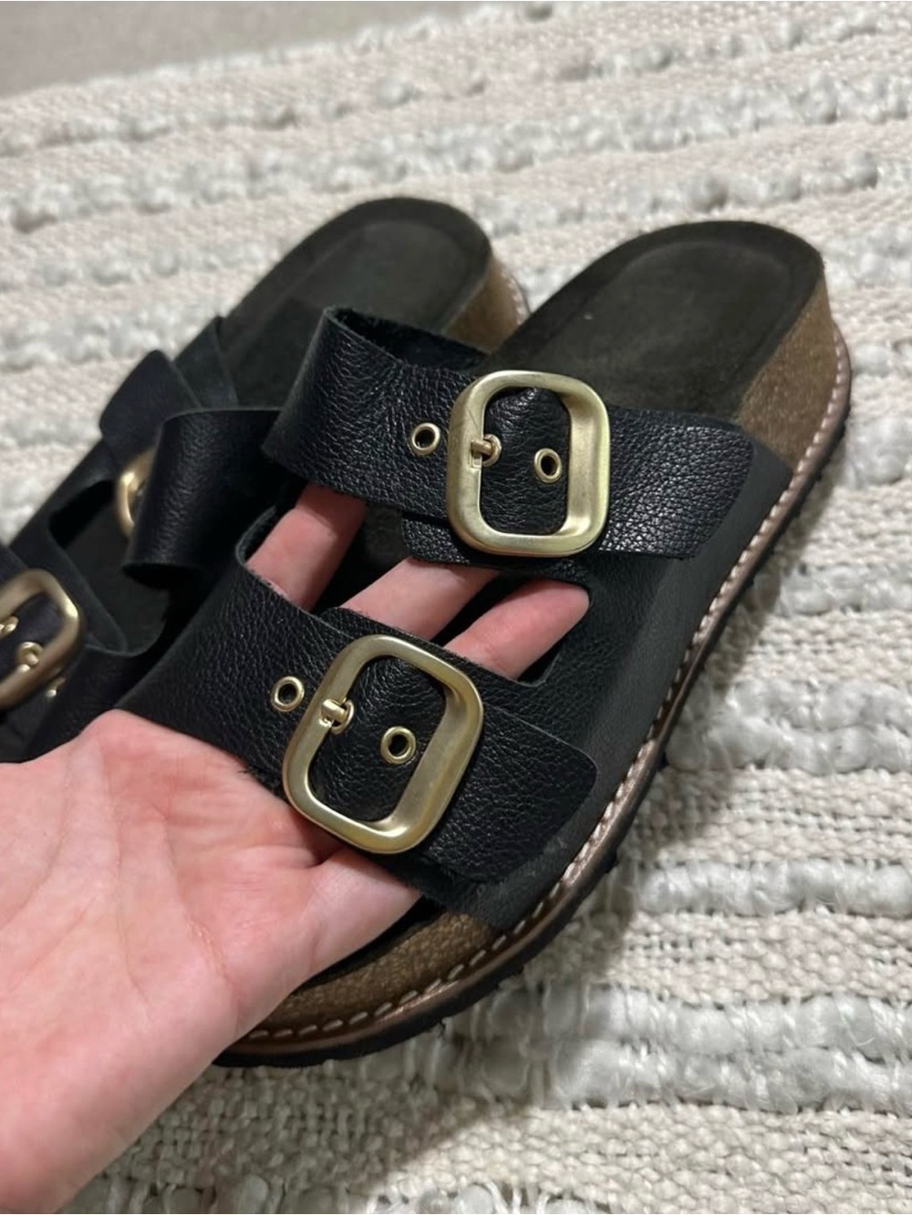 Women’s Black GENUINE LEATHER Double-Buckle Sandals with Gold-Tone Hardware